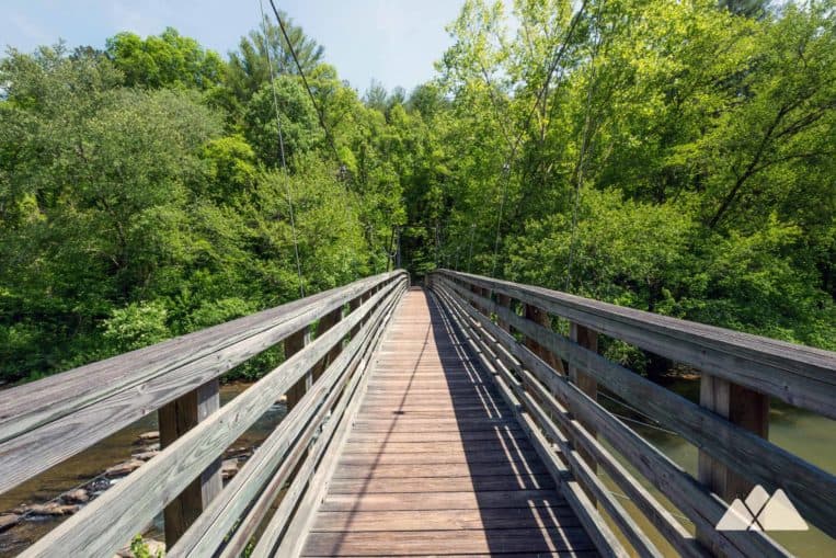 Cross the Tallulah River on a tall suspension bridge on the Shortline Trail at Tallulah Gorge State Park