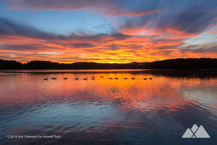 Yurt camping near Atlanta: catch a stunning sunrise over the Sweetwater Creek State Park reservoir