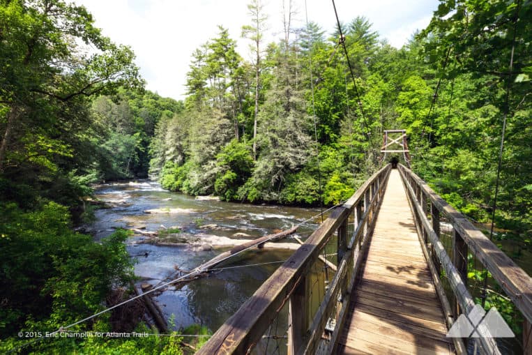 Toccoa River Swinging Bridge: hike the Benton MacKaye Trail to a swinging suspension bridge near Blue Ridge